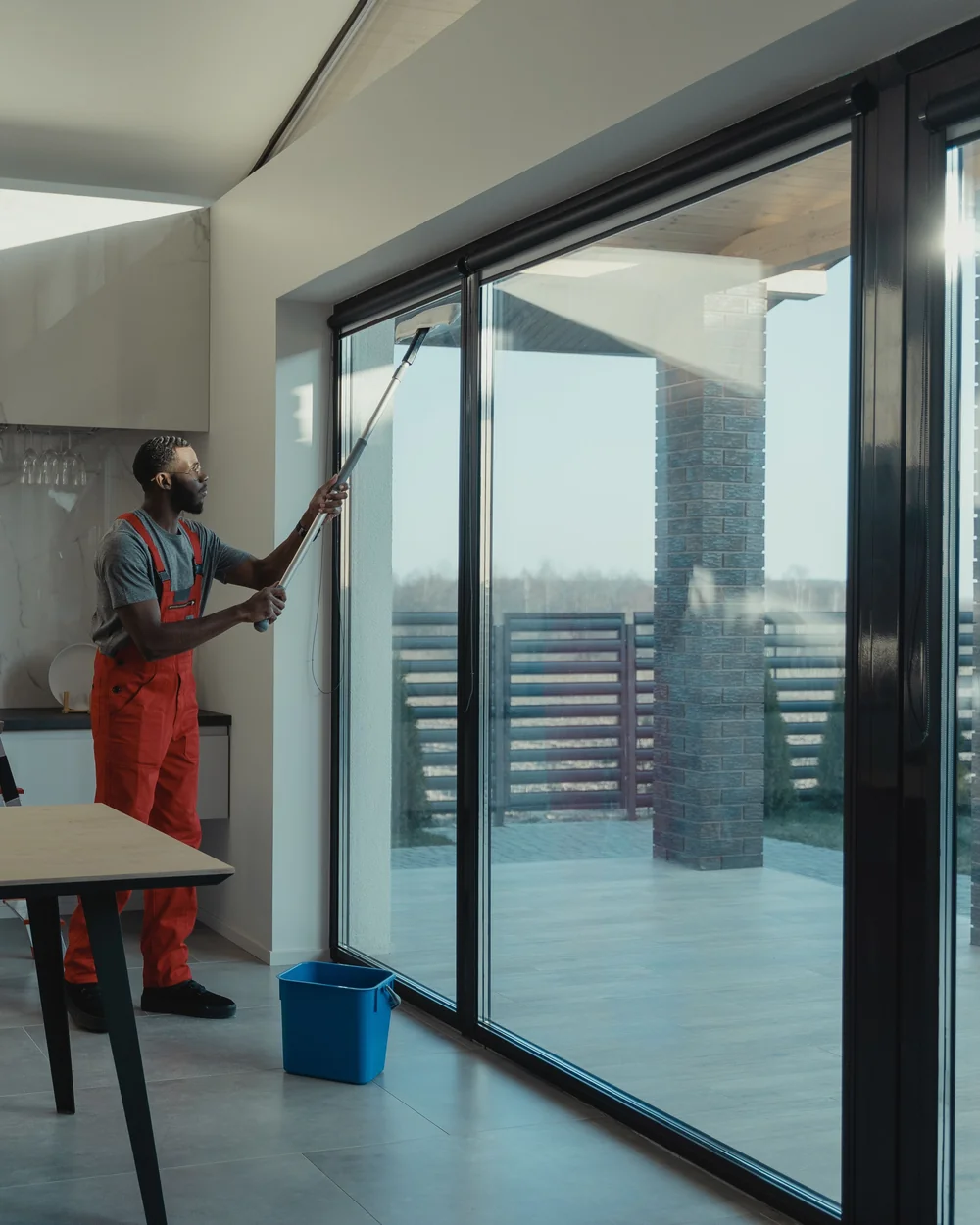 Commercial cleaner washing large interior glass
