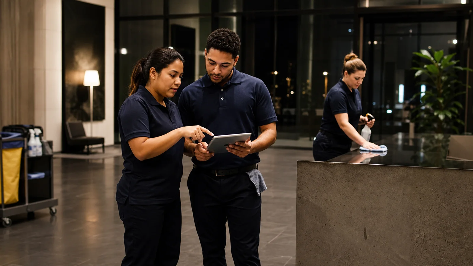 Demo Clean team reviewing a cleaning standard in a commercial lobby